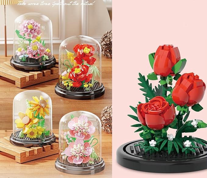 Rose Love Home Bouquets Dust Cover Set Building Toy Creative Assembly Bonsai Tree, Ideal for Valentine's Anniversaries Birthday