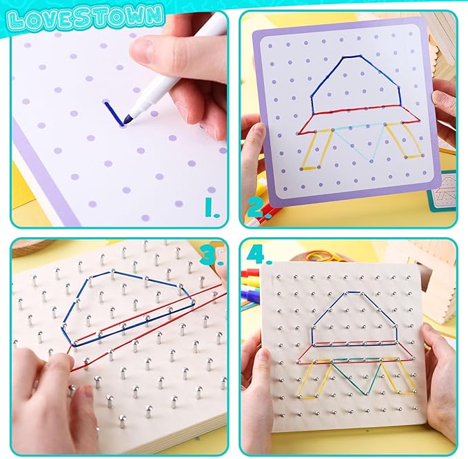 LovesTown Wooden Geoboard Montessori Toys for Kids Graphical Geo Board with Rubber Bands Educational Brain Teaser Toys for Boys Girls