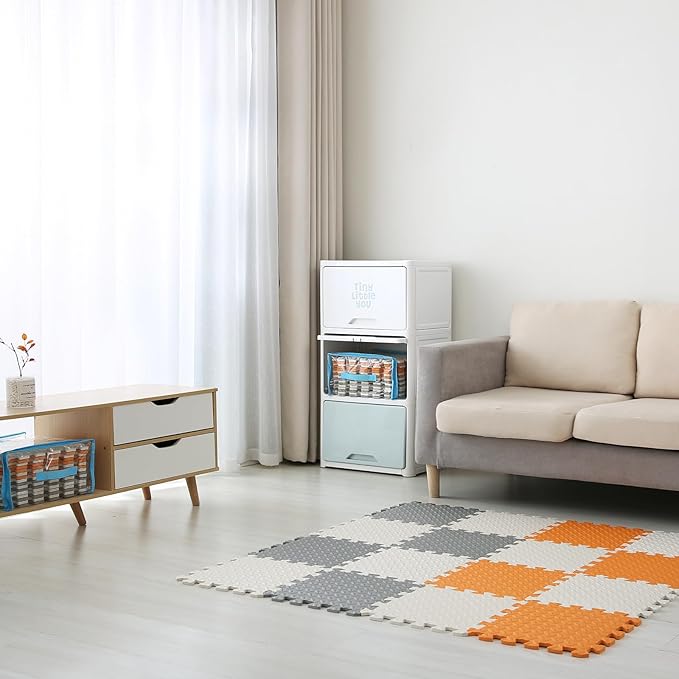 Play Mat for Babies 0-6 Months, Solid Colored Foam Floor Mat, Non-Toxic Interlocking Foam Puzzle Floor Mats, 0.4" Thick Square Kids Playmat丨47x47 Play Mat for Playpen (White/Gray/Orange)