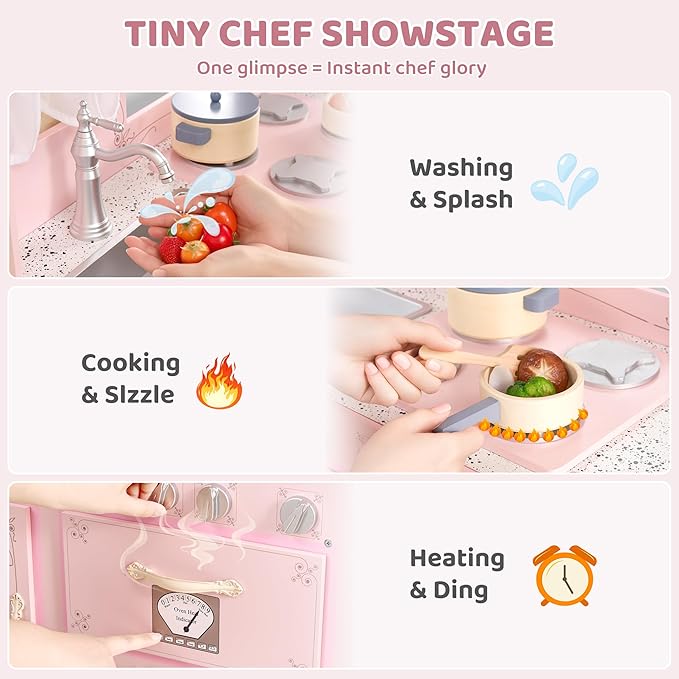 Kids Kitchen playset，Wooden Play Kitchen with Realistic Design，Kids Play Kitchen with Plenty of Play Features，Fine Gift for Ages 3+,Pink