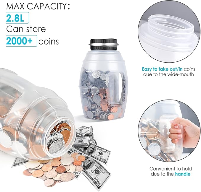 Large Digital Coin Bank for Kids and Adults - LCD Counter, 2.8L Capacity for US Coins (Silver)
