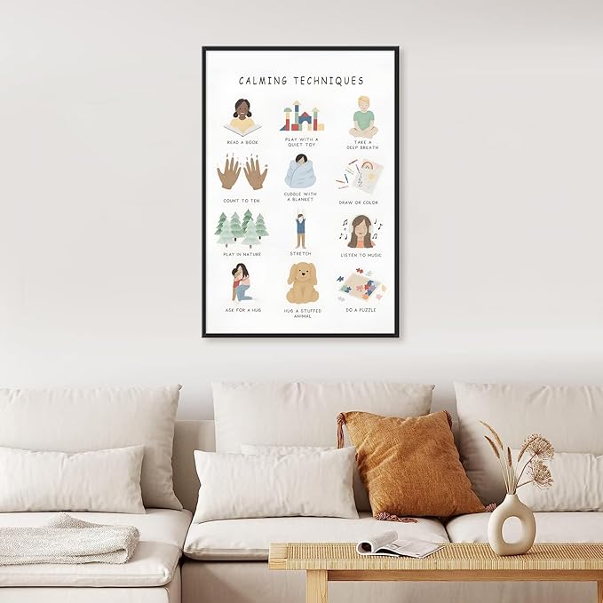 Feelings Calming Techniques Canvas Wall Art Calming Corner Classroom Mental health Posters Boho Emotions Chart for Kids Prints Special Education Wall Decor for Office School 16x24in BlackFramed