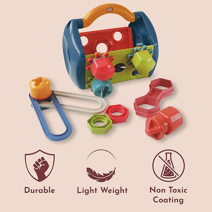 Tolo Bio Tool Box | 14-Piece Kids Engineering Tool Set with Screwdriver, Spanner, Connectors, Screws, Bolts, Nuts & Gears | Educational STEM Toy for Creative Play | Portable with Sturdy Handle