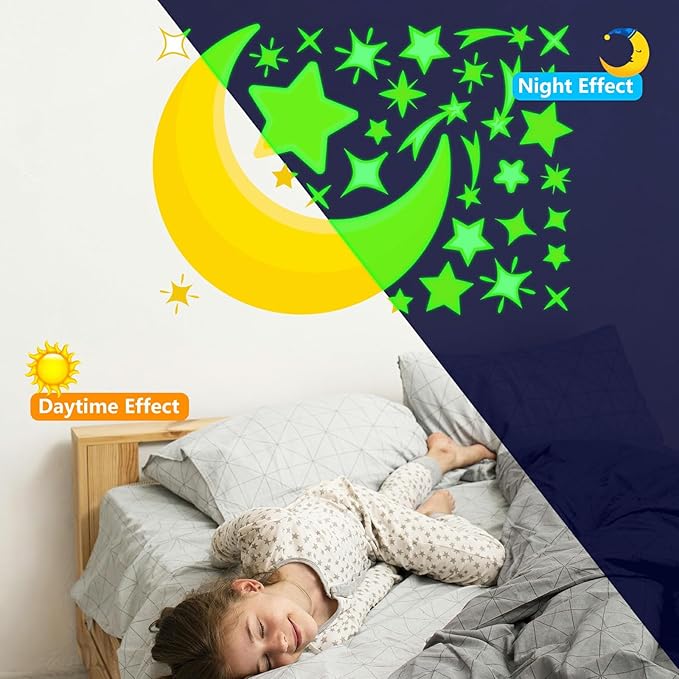 Glow in The Dark Moon Stars Stickers, 150 PCS Glowing Luminous Falling Star Wall Decals Moon Star Ceiling Stickers for Kids Boys Girls Bedroom Nursery Playroom Party Room Decor