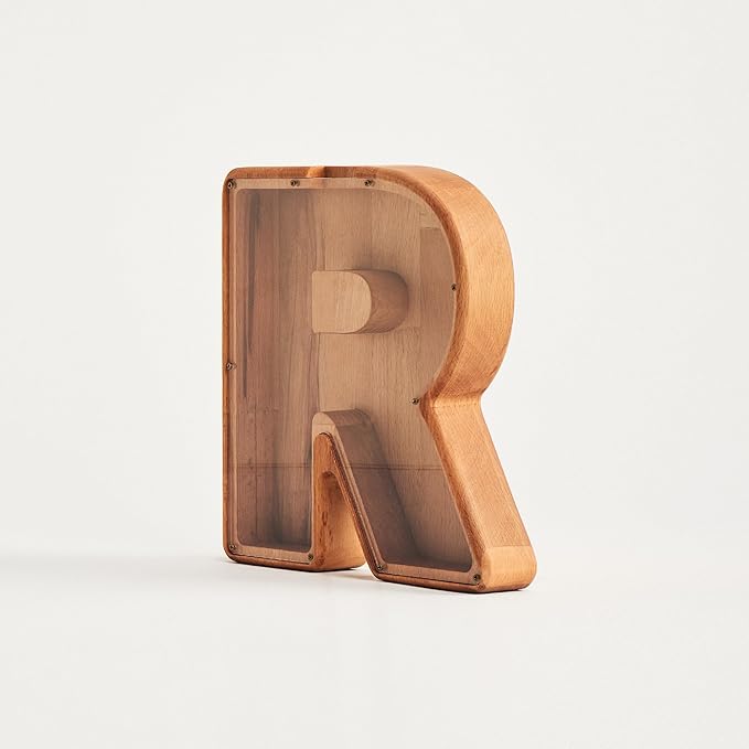 Personalized Wooden Piggy Bank – Custom Letter R Coin Bank in Beech Wood with Clear Acrylic Front, Engraved Name Option, Money Saving Box for Kids and Adults