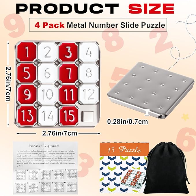 Metal Number Slide 15 Puzzle Red and White Number Sliding Puzzle Educational Pocket Funny Christmas IQ Game Gift for Teens and Adults, Ideal for Learning Tool Party Favors,1 Pack