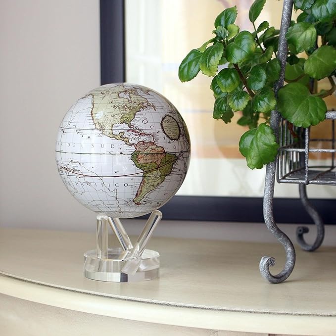 MOVA Globe – Antique Terrestrial White 4.5” | Solar-Powered Spinning Globe for Desk or Shelf | Vintage Map Decor | No Batteries or Cords