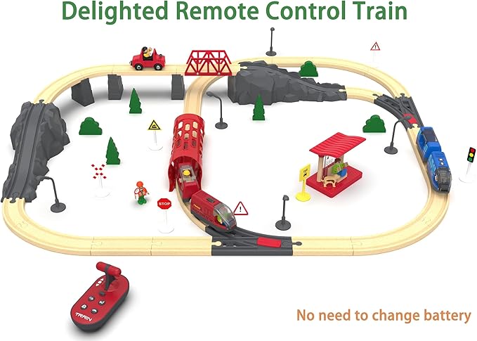 Toy Train Set Remote Control Locomotive Trains, Motorized Train for Wooden Track, Electric Train and Tunnel with Sound & Lighting Effect, Magnetic Trains Compatible with Thomas, Brio, Chuggington