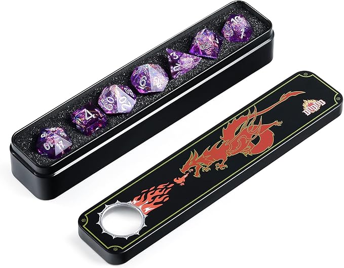 DNDND Sharp Edge Dice Set,Handmade 7 Piece DND Dice with Gift Case for DND Dungeons and Dragon Game (Purple with Silver Number)