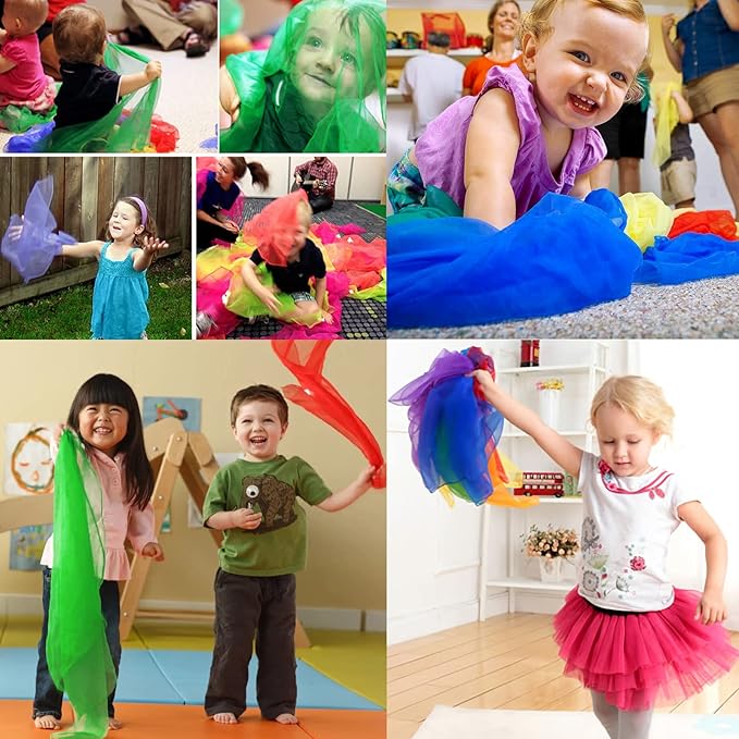 Dance Scarves for Kids 12 Pcs - Upgraded Play Scarves for Babies, Toddlers, Children - Movement Square Juggling Silk Music Dancing Scarf - Rhythm Band Pro (6 Colors, 24" x 24")