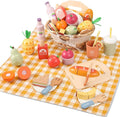 Picnic Playset, Wooden Play Food Set for Kids Kitchen, Cutting Pretend Play Kitchen Food Toy for Toddlers Girls Boys 3 4 5 Years Old