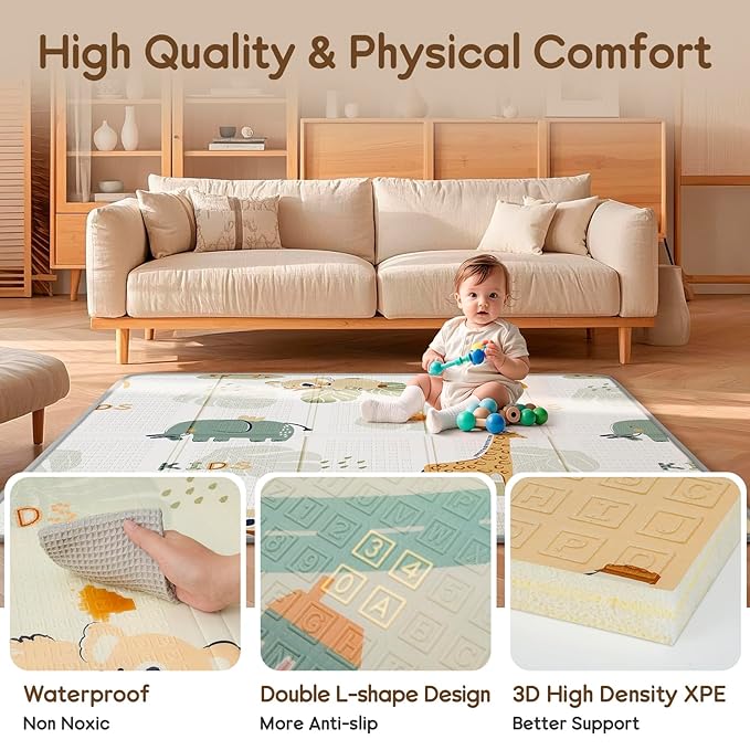 Foldable Baby Play Mat, PIGLOG 50x50 Playpen Mat, Waterproof Playmats for Babies and Toddlers Kids, Safe Foam Playmat for Tummy Time, Reversible Portable Baby Floor Mat for Infant, Giraffe + Elephant