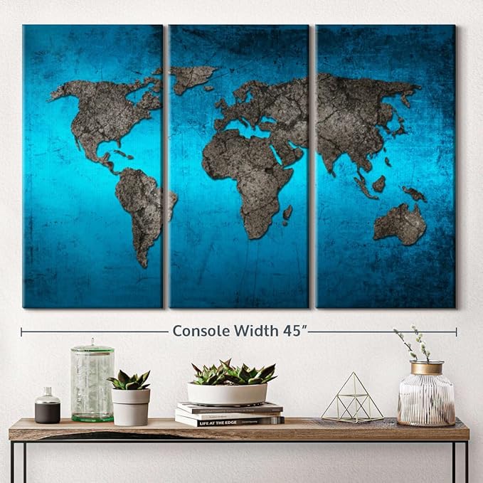 ElephantStock Ocean World Map Multi Piece Canvas - 3 Panel Wall Decor - Map of the World Art - Canvas for the Office and Home - 45" X 28"