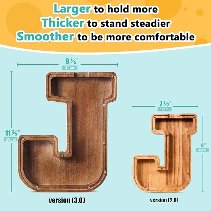 Customized Name Large Wooden Piggy Bank for Kids Boys Girls Alphabets Letter A-Z Coins Bills Money Change Bank Box Initial on Clear Cover (Laser Engraved) (Alphabet-J, Personalized-12)