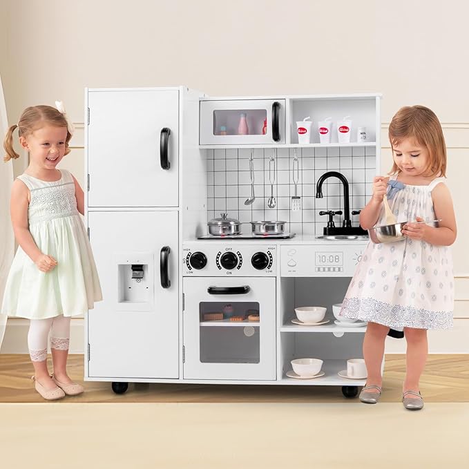 INFANS Play Kitchen for Kids, Wooden Kids Play Kitchen Playset with Realistic Light & Sounds, Pots Pan Microwave Sink, Children Pretend Cooking Toy Set Gift for Toddler Boys Girls Ages 3+
