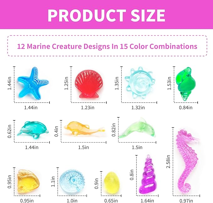 100+ Pcs Sea Shell Ocean Sensory Bin Filler, Diving Gem Pool Toys for Kids, Mini Acrylic Plastic Seashells Animals Figurines Decorating, Little Mermaid Party Favors, 15 Colors 12 Styles