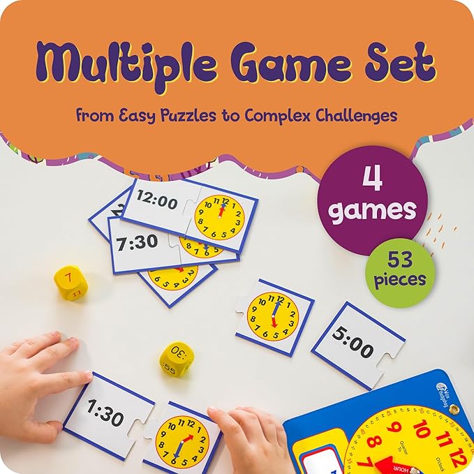 Kids Learning Time Activity Game Set, 53 Piece Set, Interactive Play, 4 Fun Time Based Games, Teaching Clock Kids Learn Time Fast, 3 Levels of Difficulty