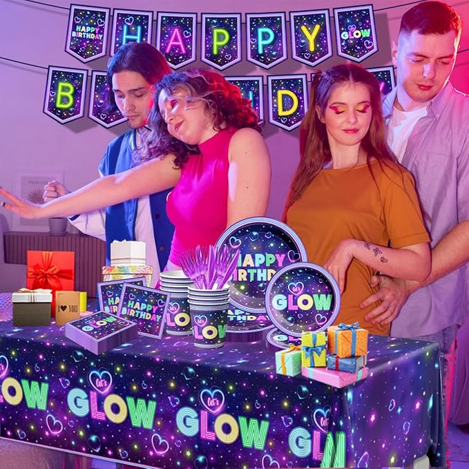 Glow Neon Party Supplies Tableware Set, 142Pcs Let's Glow Birthday Party Decorations Include Neon Plates and Napkins,Cups,Glow Tablecloths for Neon Party Decorations, Serves 20