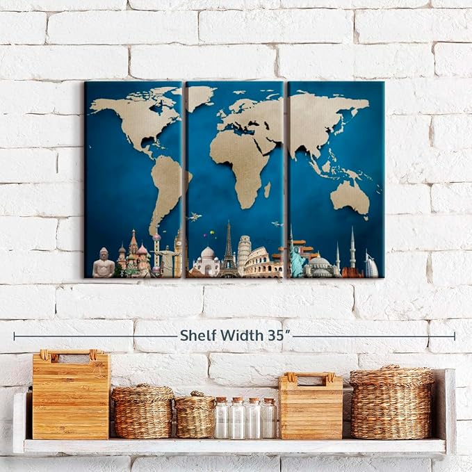ElephantStock Ocean Blue World Map Multi Piece Canvas - 3 Panel Wall Decor - Map of the World Art - Canvas for the Office and Home - 23" X 14"