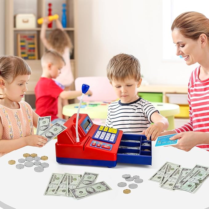 Calculator Cash Register - 103 Pcs Toy Cash Register, Microphone, Credit Card and Banking for Kids, Early Math Skills Toys Gifts for 3, 4, 5, 6 7 8+ Years Old Boys Girls