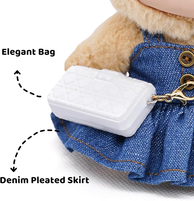 Doll Clothes for 17cm Dolls Cute Style Premium Handmade Outfit 3 Piece Set Including a Denim Dress, Red Bow and Bag - Dolls Clothes Accessories for Play & Display - No Doll (Blue)