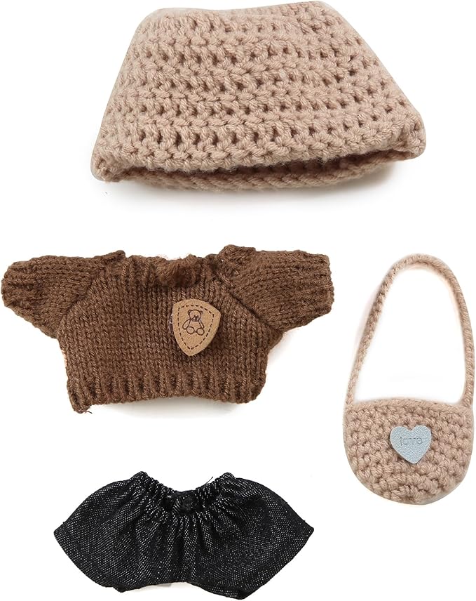 17cm Doll Clothing for Labubu - Kawaii Chic Style Set for 17cm Dolls, Premium Doll Outfit with Accessories - Khaki Wool Hat + Brown Romper + Black Jeans + Khaki Bag (Clothes Only)
