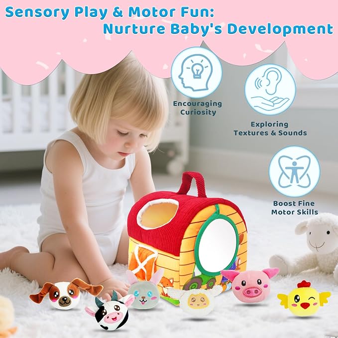 RedCrab Farm Animal Baby Toys for 6-12 Months, Soft Barn with 6PCS Stuffed Farm Animals, Rattle, Crinkle, Mirror, Sensory Toys for 6-12 Months, Montessori Toy Gift for Infants & Toddlers Birthday