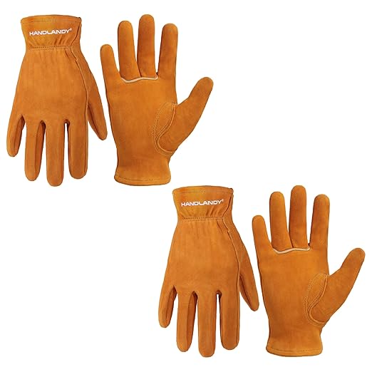 HANDLANDY 2 Pairs Kids Genuine Leather Work Gloves for ages 3-11, Children Gardening Gloves for Boys, Girls (Small (for age 2-4), Orange)