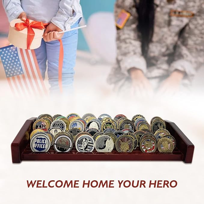 8 Rows Military Challenge Coin Display Stand - Holds 60-70 Coins, Solid Wood Army Police Coin Rack Display Holder for Desktop, Mahogany