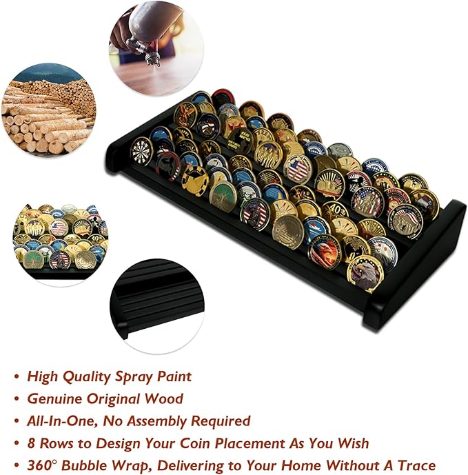 8 Rows Wooden Challenge Coin Display Holder for Countertop - 2 Tiers Military Coin Rack Stand Holds 60-70 Coins for Army Police Collectors, Black