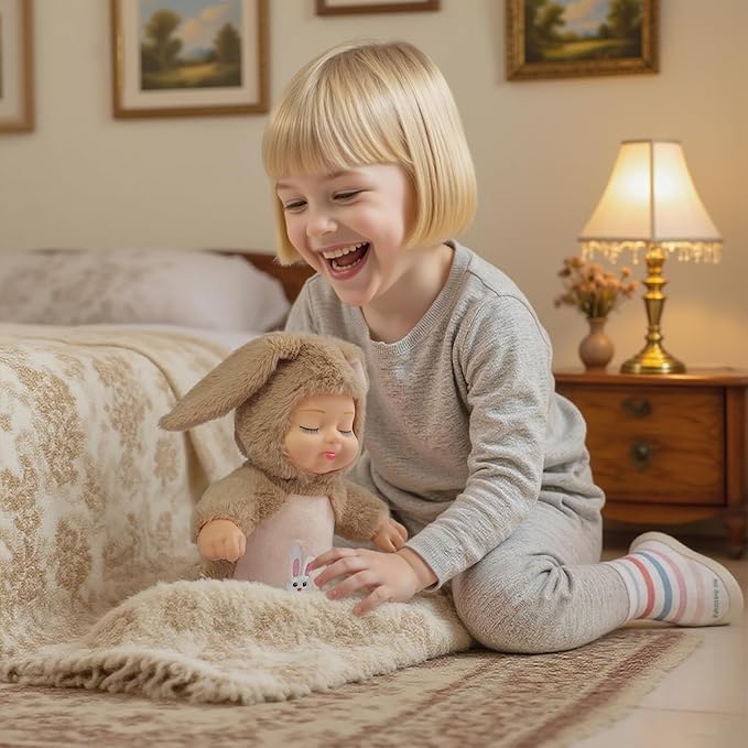 Plush Animal Toys,Interactive Singing Plush Rabbit Doll,14in soft plush closed eye sleeping newborn baby doll,with interactive music box that sings,removable hat.suitable for children aged 3+.