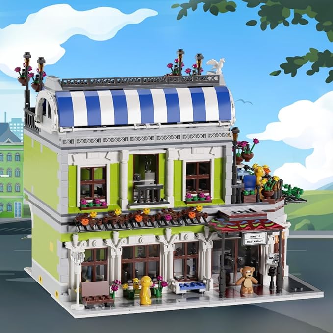 Romantic Restaurant Building Toys, Flowers City Hotel House Building Kit with Bear Mini Bricks, City Street House Construction Toys, 2107Pcs Mini Bricks