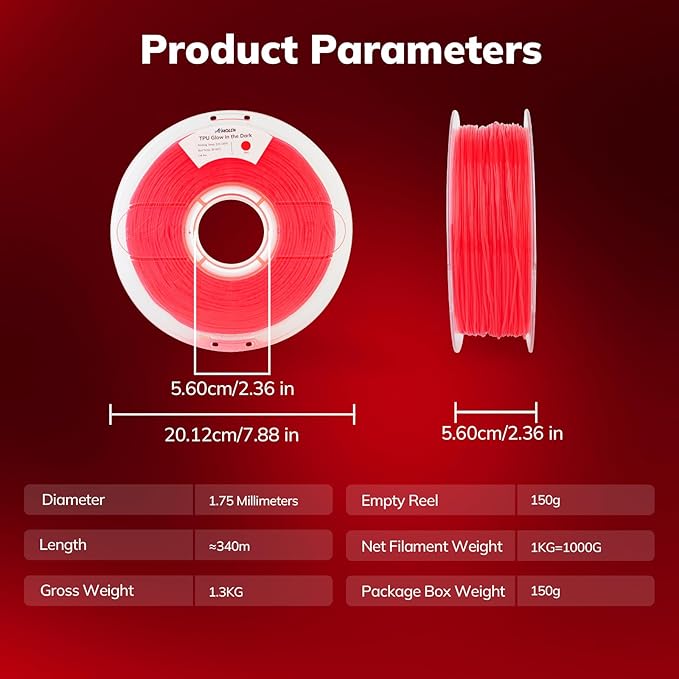 AMOLEN 95A TPU 3D Printer Filament, 1.75mm Glow in The Dark Red, Soft TPU Flexible 3D Printing Filament, High Hardness & Resilience, Best with UV Lamps, 1kg Spool(2.2lbs), Fit Most 3D Printers