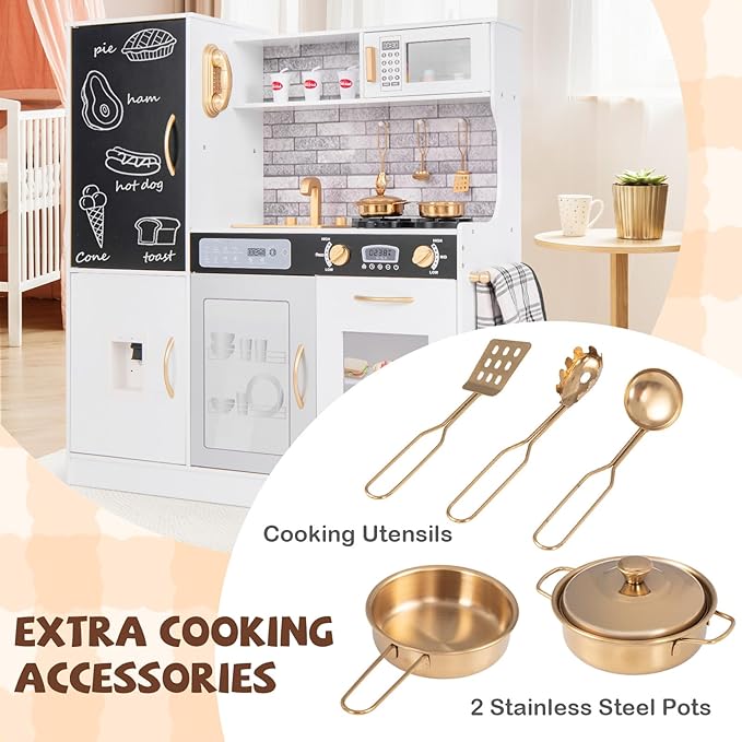 HONEY JOY Upgrade 39 in Kids Kitchen Playset, Large Wooden Little Chef Pretend Toy Kitchen Set w/Chalkboard, Telephone, Utensils, Oven, Microwave, Sink, Storage, Play Kitchen for Toddlers (Golden)