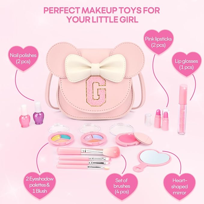 Kids Makeup Kit for Girls - 15 Pcs Real Washable Make Up Set - Non Toxic Toddlers Cosmetic with Letter Mouse Ear Purse - Dress up Birthday Gifts for 3 4 5 6 7 8 Years Old Girls - G