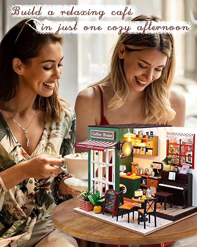 Miniature House Kit for Beginners, DIY Mini Coffee Shop with LED Lights, Miniature Dollhouse Kit for Adults & Teens, Creative Birthday Gift & Hobby for Family Friends (Afternoon Cafe)