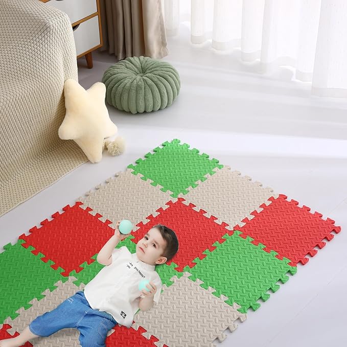 Foam Play Mat for Baby, 0.4 Inch Thick Foam Interlocking Floor Mats, Soft Non-Toxic Baby Playmat, Solid Colored Puzzle Play Mat Kids Floor Mats for Toddler, 16 Tiles(White/Red/Green)