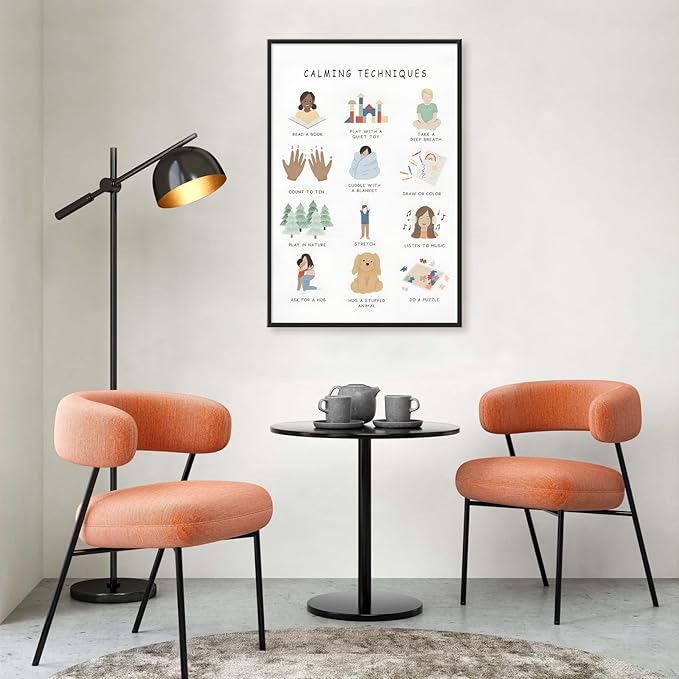 Feelings Calming Techniques Canvas Wall Art Calming Corner Classroom Mental health Posters Boho Emotions Chart for Kids Prints Special Education Wall Decor for Office School 20x30in BlackFramed