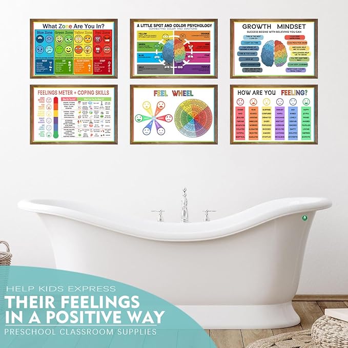 6 Zone of Self-Regulation Bulletin Board Set Feeling Chart for Kids - Calm Down Corner Toolkit with Feeling Wheel Poster, Emotions Chart & Growth Mindset Activities (12x18 Inch, Classroom Decor Essentials)