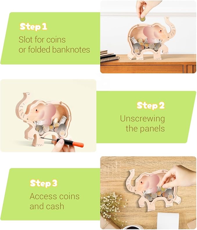 Wooden Elephant Piggy Banks for Kids, Adorable Elephant Piggy Bank with Acrylic Panels, Unbreakable Toddler Money Box for Girls Adults Boys, Cute Saving Coin Jar for Birthday Décor