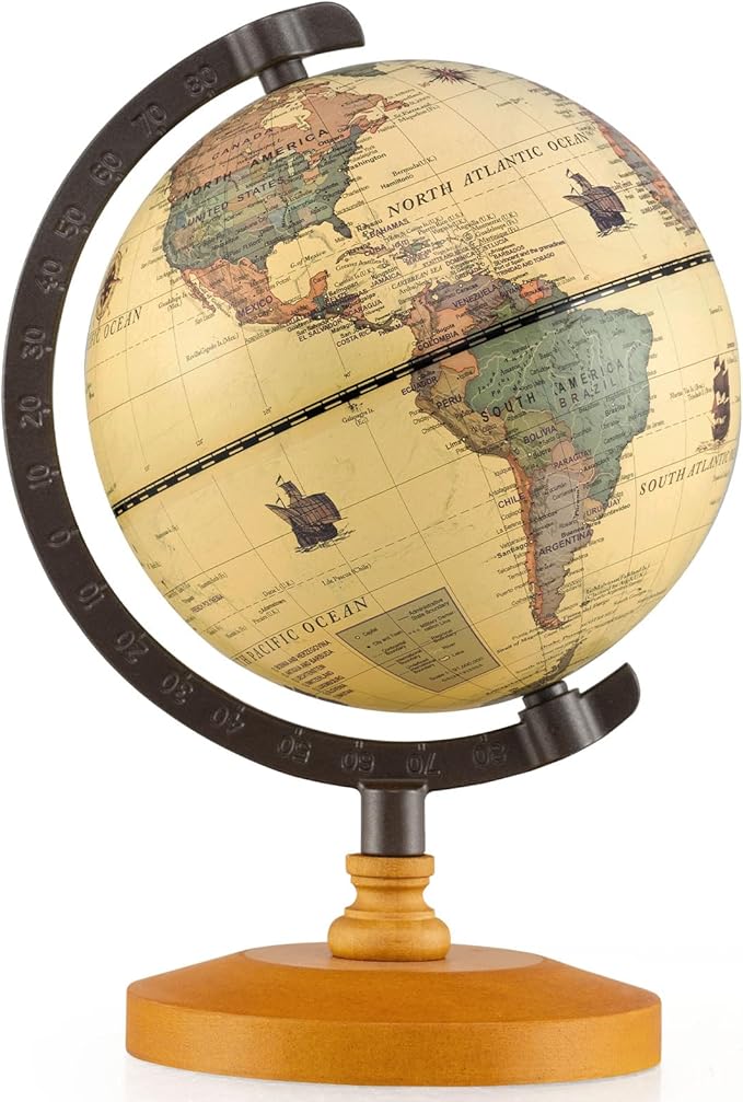 COSTWAY Antique Globe Dia 5.5-Inch, Mini Rotating World Globe w/Wooden Base, Modern Map & Vintage Color, For Kids & Adults' Geography Educational Learning, Desktop Decoration for Home Office School
