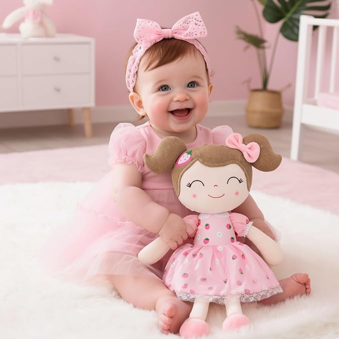 Gloveleya Baby Girl Gift – 16 Inches Strawberry Pink Plush Doll with Gift Box, Soft First Baby Doll for Toddler Girls, Birthday Present, Baby Shower & Holiday Keepsake