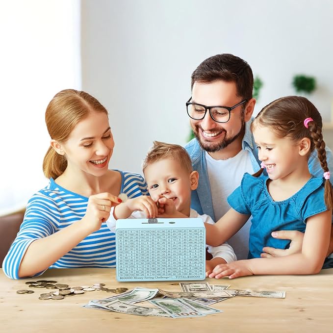Wooden Money Saving Box, Cash Vault Savings Box for $10000 $5000 $3000 $1000 $800 $500 Target Money Saving Challenge, Reusable Money Box with Counter, Dry Erase Pen/Savings Trackers/Rubber Band-Blue
