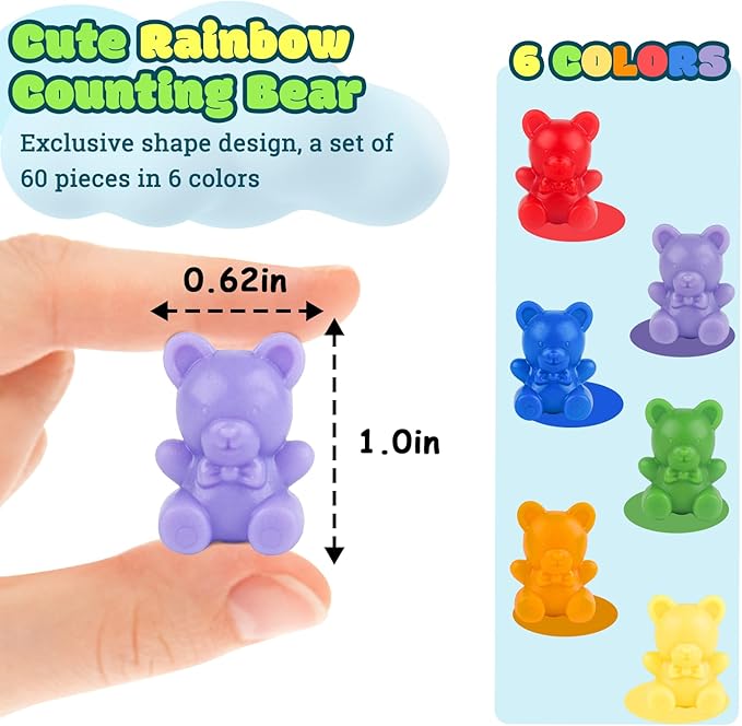 XINHUIDALSQ Rainbow Counting Bears Set of 60, 6 Colors Sorting Teddy Plastic Bears Math Manipulatives for Toddlers, 1 Inch Bear Conters Ages 3+ Kids