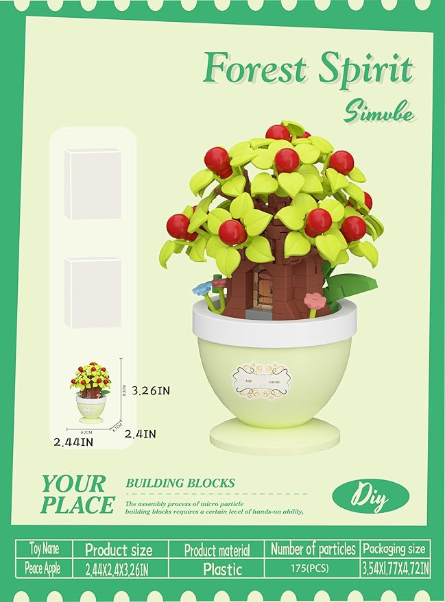 Peace Apple Mini Bonsai Tree Micro Building Set Building Toy Plant Cherry Tree Flower Collection Decor for Home Desk Greenery Decoration Building Blocks DIY Creative Gifts