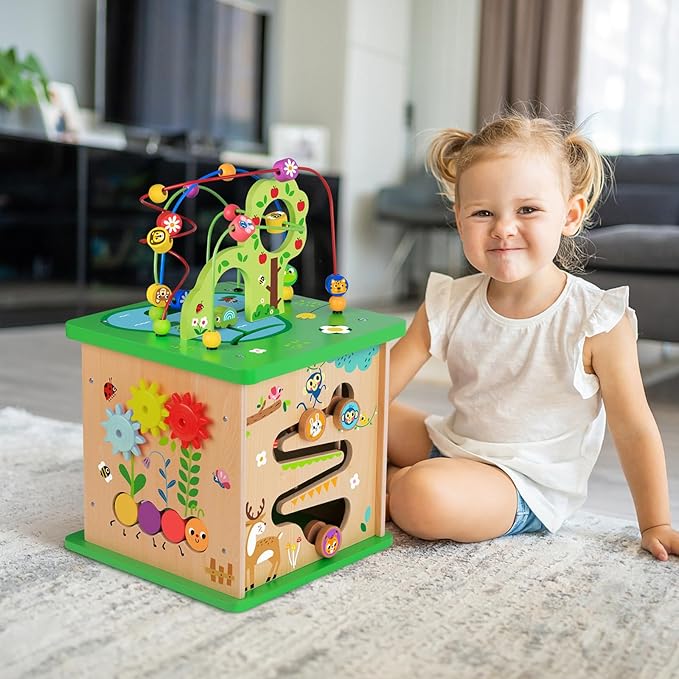 TOOKYLAND 5 in 1 Activity Center, Wooden Large Activity Play Cube 23"X13"X13", Wooden Learning Puzzle Toy for Toddlers, with Animal Friends, Shapes, Mazes, Shape Sorter