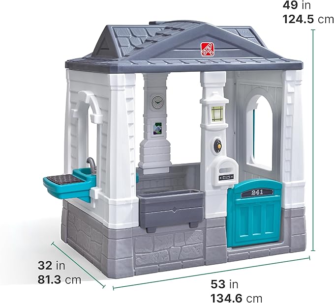 Step2 Neat & Tidy Cottage Kids Playhouse, Indoor/Outdoor Playset, Interactive Play with Sounds, Made of Durable Plastic, for Toddlers 1.5+ Years Old, Grey