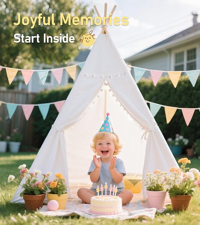 Teepee Tent with Starry Lights, Ground Mat and Pockets, Kids Teepee Tents for Indoor & Outdoor Use, Foldable Play Tents for Boys & Girls, Washable Toddler Play Tent for Birthdays & Holidays