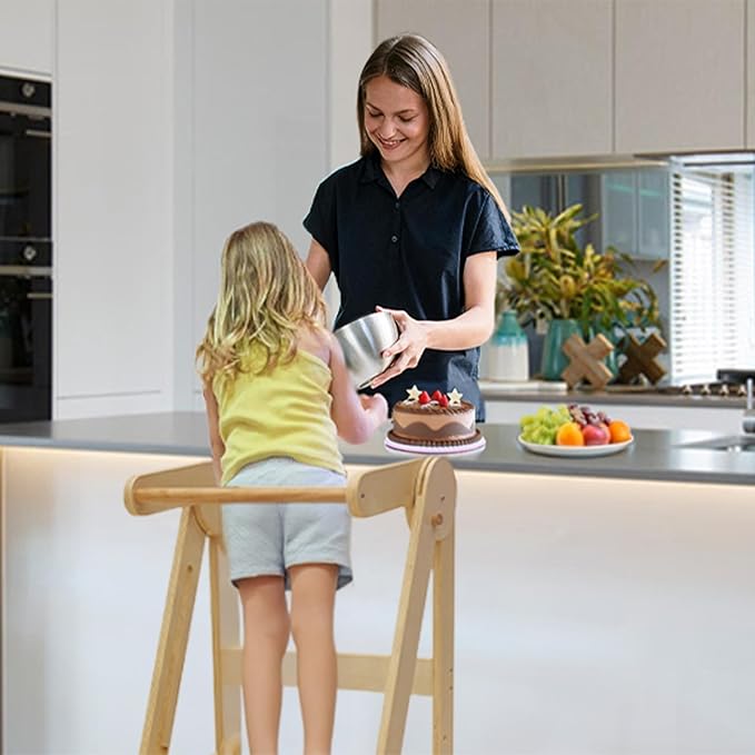 Foldable Toddler Tower Preassembled Kitchen Stool, Folding Tower for Learning with 3 Adjustable Heights Montessori Toddler Standing Tower Collapsible Step Stool for Kids 1.5-6y Natural