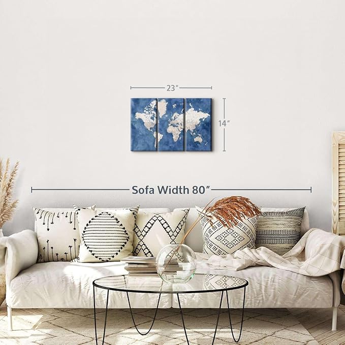 ElephantStock Detailed World Map With Cities I Wall Art - Horizontal Canvas - 3-Piece Living Room Decor - Watercolor Map Canvas Print - Beige and Blue Wall Decor by Blursbyai - 23" X 14"